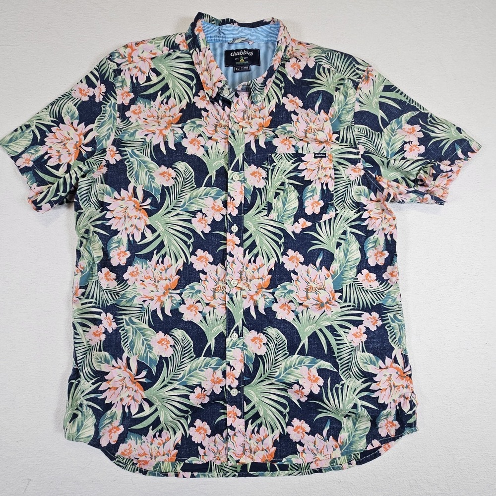 Chubbies‎ Shirt Mens XLarge XL Hawaiian Floral Reverse Print Blue Short Sleeve